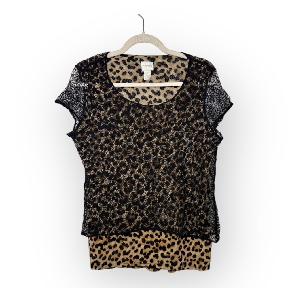 Chico’s Black Sheer Lace Leopard Layered Top Grunge Punk Animal Print Medium (1)